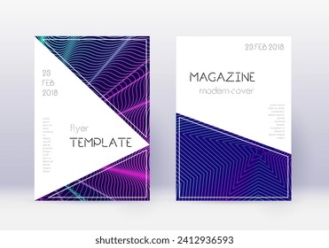 Triangle cover design template set. Neon abstract lines on dark blue background. Incredible cover design. Authentic catalog, poster, book template etc.