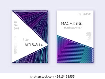 Triangle cover design template set. Neon abstract lines on dark blue background. Impressive cover design. Vibrant catalog, poster, book template etc.