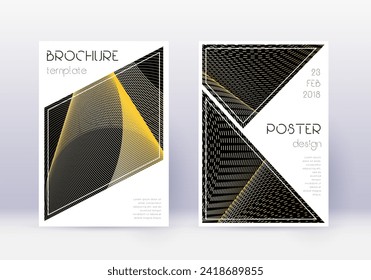 Triangle cover design template set. Gold abstract lines on black background. Great cover design. Ecstatic catalog, poster, book template etc.