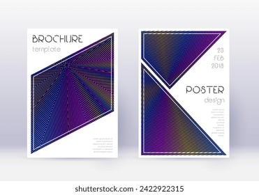 Triangle cover design template set. Rainbow abstract lines on dark blue background. Imaginative cover design. Creative catalog, poster, book template etc.