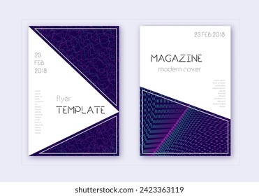 Triangle cover design template set. Neon abstract lines on dark blue background. Impressive cover design. Unequaled catalog, poster, book template etc.