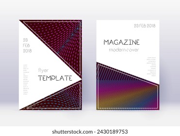 Conjunto de plantillas de diseño de portada triangular. Líneas abstractas del arco iris sobre fondo rojo vino. Diseño de cubierta indeleble. Catálogo extraordinario, cartel, plantilla de libro, etc.