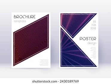 Triangle cover design template set. Violet abstract lines on dark background. Immaculate cover design. Fascinating catalog, poster, book template etc.