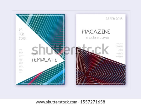 Triangle cover design template set. Red white blue abstract lines on dark background. Indelible cover design. Neat catalog, poster, book template etc.