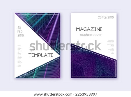 Triangle cover design template set. Neon abstract lines on dark blue background. Impressive cover design. Terrific catalog, poster, book template etc.