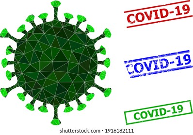 Triangle covid virus polygonal icon illustration, and scratched simple Covid-19 seals. Covid Virus icon is filled with triangles. Simple stamps uses lines, rects in red, blue, green colors.