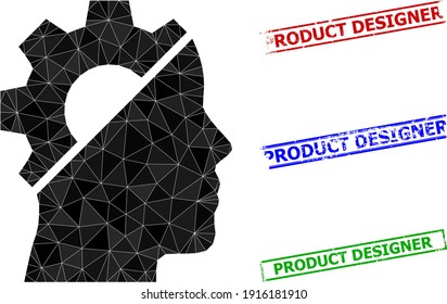 Triangle cyborg gear polygonal icon illustration, and textured simple Product Designer rubber seals. Cyborg Gear icon is filled with triangles. Simple stamp seals uses lines, rects in red, blue,