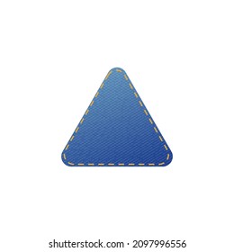 Triangle Delta Denim Patch Or Piece Of Fabric Template With Yellow Thread Stitches On Edges, Realistic Vector Illustration Isolated On White Background.