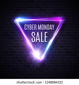 Triangle design for banner flyer sign label. Cyber monday text inscription in neon style on dark blue brick wall background. Discount card for event advertising shopping Promotion vector illustration.