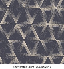 Triangle Design Stippled Seamless Pattern Geometric Vector Abstract Background. Halftone Tileable Aesthetic Texture Dotted Triangular Repetitive Wallpaper. Hand Drawn Retro Colors Art Illustration