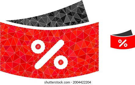 El descuento triangular conecta la ilustración de iconos poligonales. El icono de Discount Coupones lowpoly está lleno de triángulos. Imagen de malla abstracta plana basada en el icono de los cupones de descuento.