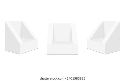 Triangle Display Boxes Mockups, Isolated On White Background, Front And Side View. Vector Illustration