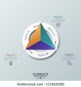 Triangle divided into 3 colorful parts inside paper white ring, thin line symbols and text boxes. Cyclical diagram with three options. Modern infographic design template. Vector illustration.