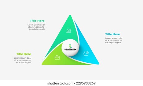 Triangle divided into 3 parts with central circle. Design concept of three steps or parts of business cycle. Infographic design template