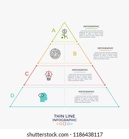 Triangle divided into 4 parts with thin line icons inside. Hierarchical chart with four levels. Hierarchy visualization. Creative infographic design template. Vector illustration for brochure.