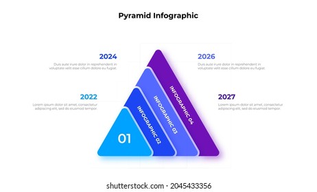 The Triangle Is Divided Into 4 Parts. Pyramid Infographic. The Concept Of Four Stages Of Project Development.