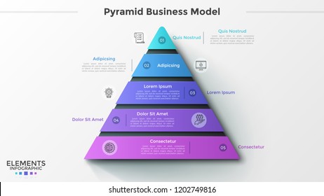 Dreieck unterteilt in 5 nummerierte Teile, dünne Linien Symbole und Platz für Text. Pyramid Geschäftsmodell mit fünf Stufen. Kreative Infografik-Design-Vorlage. Vektorgrafik zur Präsentation.