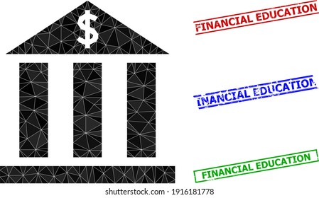 Triangle dollar bank polygonal icon illustration, and distress simple Financial Education watermarks. Dollar Bank icon is filled with triangles. Simple watermarks uses lines, rects in red, blue,
