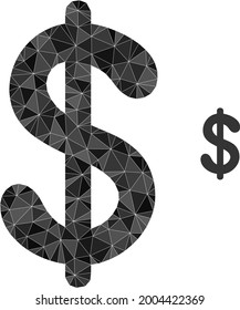 Ilustración de iconos poligonales de la moneda triangular en dólares. El icono de la baja divisa del dólar está lleno de triángulos. Imagen de malla abstracta plana basada en el icono de moneda en dólares.