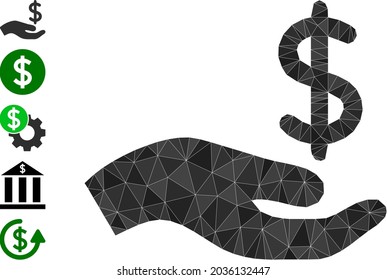Donación en dólares triangular mano 2d ilustración poligonal, e iconos similares. La Mano de Donación de Dólares está llena de triángulos. Mano de donación de dólares de bajo valor construida con triángulos rellenos dispersos.