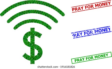 Triangle dollar emission polygonal symbol illustration, and rubber simple Pray for Money rubber seals. Dollar Emission icon is filled with triangles. Simple seals uses lines, rects in red, blue,