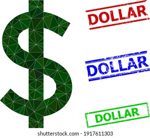Triangle dollar polygonal icon illustration, and scratched simple Dollar watermarks. Dollar icon is filled with triangles. Simple stamps uses lines, rects in red, blue, green colors.