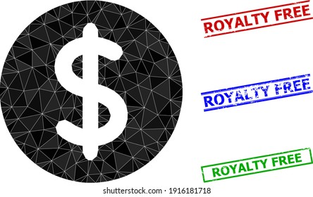 Triangle dollar price polygonal 2d illustration, and distress simple Royalty Free stamp imitations. Dollar Price icon is filled with triangles. Simple stamp seals uses lines, rects in red, blue,