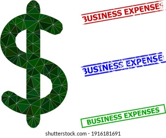 Triangle dollar sign polygonal icon illustration, and distress simple Business Expenses watermarks. Dollar Sign icon is filled with triangles. Simple seals uses lines, rects in red, blue,