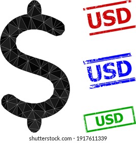 Triangle dollar symbol polygonal icon illustration, and scratched simple USD stamp seals. Dollar Symbol icon is filled with triangles. Simple stamp seals uses lines, rects in red, blue, green colors.