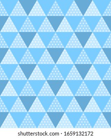 Triangle with dot texture seamless pattern, blue monochrome color.