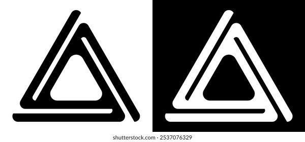 Triangle with double lines as logo, icon or design element. Black shape on a white background and the same white shape on the black side.