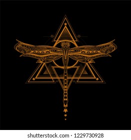 Triangle with drawing ornate dragonfly. Gold isolated illustration for tattoo art and print t shirt