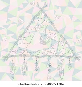 Triangle dreamcatcher with feathers. Boho chic style. Hand drawn. Vector illustration.