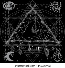 Triangle dreamcatcher with feathers, skulls, arrows and crystalls. Four primordial elements in geometric frame. Fire, water, air, earth. Boho style.