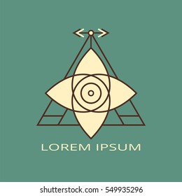   Triangle element with arrows. Sacred geometry. Polygonal shape. Design for logo, cover, card.