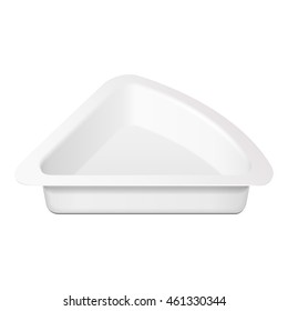 Triangle Empty Blank Cheese, Curd Plastic Food Tray Container Box Opened, Cover. Illustration Isolated On White Background. Mock Up Template Ready For Your Design. Vector EPS10