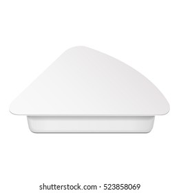 Triangle Empty Blank Cheese, Curd Plastic Food Tray Container Box Opened, Cover. Illustration Isolated On White Background. Mock Up Template Ready For Your Design. Vector EPS10