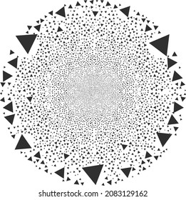 Triangle Exploding Round Cluster. Object Pattern Is Combined From Scattered Triangle Symbols As Burst Spheric Cluster. Abstraction Round Globula Mosaic Created From Triangle Symbols.