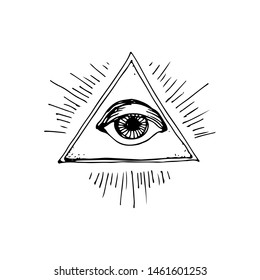 Triangle eye symbol. Hand drawn black and white doodle vector icon, isolated on white background