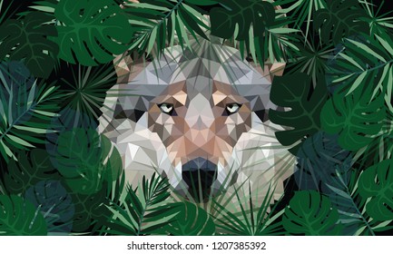 Triangle face wolf in the tropical jungle and tropical leaves background