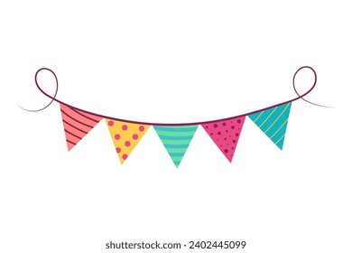 Triangle festive flags garland. Colorful party decoration. Vector illustration isolated on white background.
