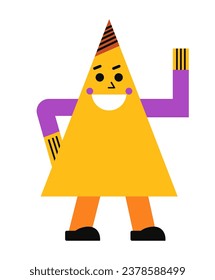 Triangle figure, isolated dancing and energized personage with smile on face, moving arms in joy. Shape with sides and points. Geometric shapes for kids learning geometry. Vector in flat style