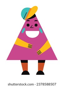 Triangle figure with smile and facial expression of joy. Isolated boy personage with hands and legs wearing hat. Friendly geometric shape for kids learning geometry lesson. Vector in flat style