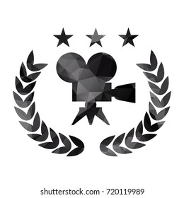 Triangle film Award for best film in form of logo with camera and laurel branch. Movie Theater, Cinematic Award, premiere. Flat vector cartoon illustration. Objects isolated on white background.