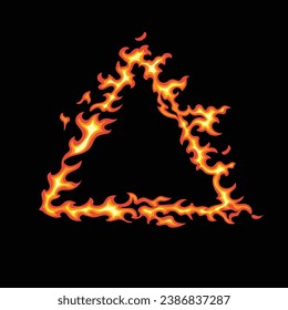 triangle of fire isolated on black background. Vector cartoon flame frame. Simple flat illustration. Fiery circle.