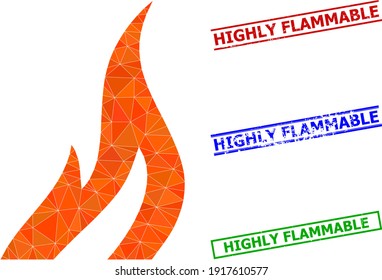 Triangle fire polygonal icon illustration, and rubber simple Highly Flammable watermarks. Fire icon is filled with triangles. Simple watermarks uses lines, rects in red, blue, green colors.