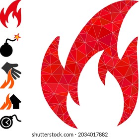 Dreieck Feuer polygonal Symbol Illustration und ähnliche Symbole. Feuer ist voller Dreiecke. Low-Poly-Feuer in Verbindung mit chaotischen gefärbten Dreiecken. Triangle fire polygonal flache Symbolgrafik.