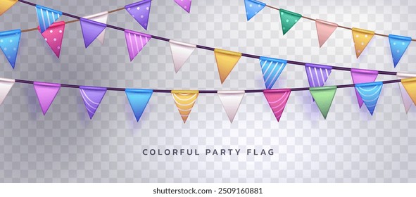 Guirnalda de la bandera del triángulo para el Vector de la fiesta de cumpleaños. Elemento de decoración de banderín de bunting festivo para celebrar las vacaciones. Decoración de cuerda de papel triangular para aniversario o jubileo. Cinta del festival de verano