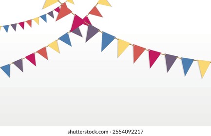 Triangle flag garland for birthday party banner. Fair string pennant flag decoration to celebrate summer carnival. 3d hanging triangle holiday paper border tied with string. festival elements