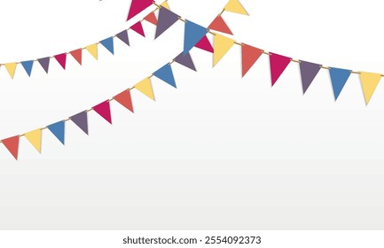 Triangle flag garland for birthday party banner. Fair string pennant flag decoration to celebrate summer carnival. 3d hanging triangle holiday paper border tied with string. festival elements